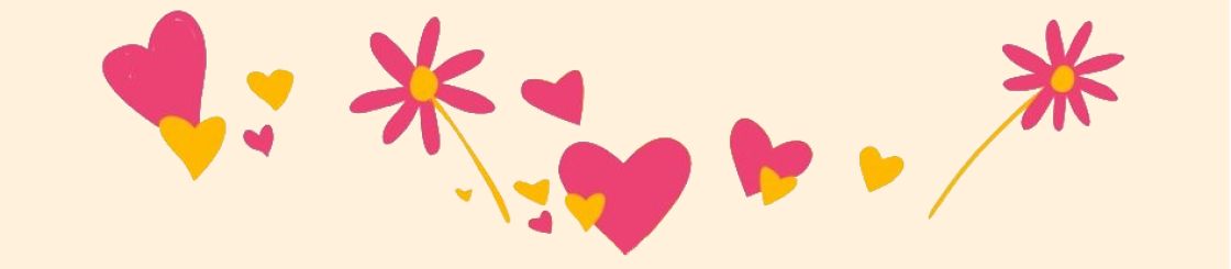 Herzensbild Illustration: pinkfarbene und gelbe Herzen und Blümchen vor einem beigefarbenen Hintergrund