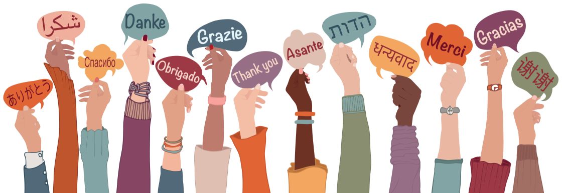 Gezeichnete Hände halten Schildchen und Sprechblasen mit der Aufschrift Danke in verschiedenen Sprachen in die Höhe