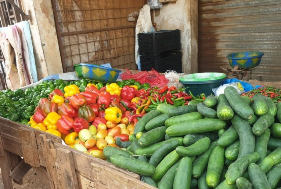 Marktstand mit verschiedenen Paprika-, Tomaten- und Gurkensorten