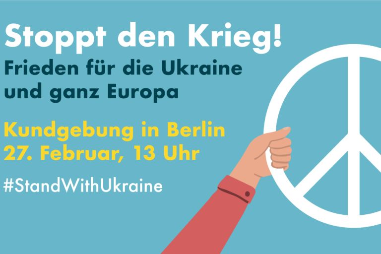 Friedenszeichen gehalten von zwei Händen Taxt Stoppt den Krieg! Frieden für die Ukraine und ganz Europa